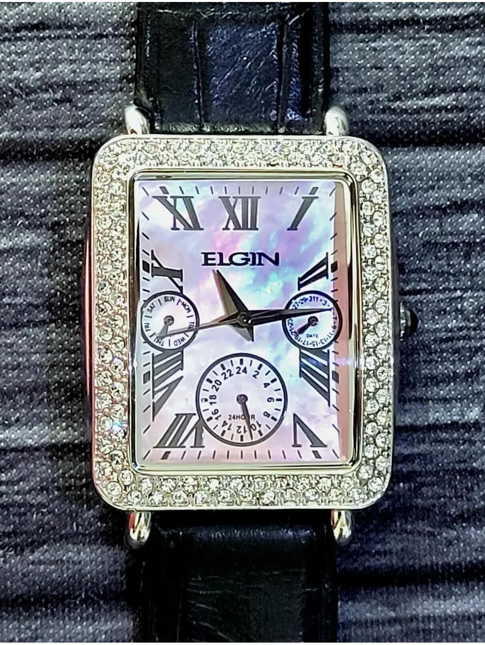 Rare Vintage Elgin Pink Abalone Dial Gem Bezel Dress Watch